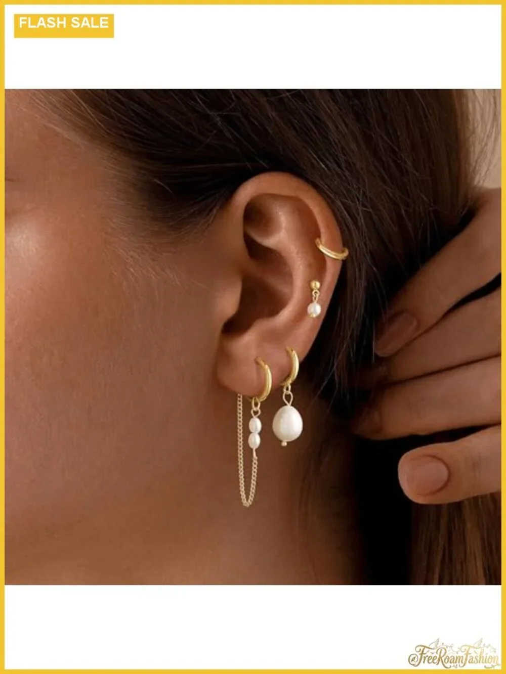 14K Gold Plated Brass Earring Stack Set Chain Hoop with Pearls